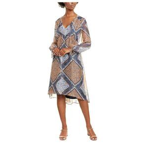 NWOT Just Taylor Navy Patterned Chiffon Cuffed Sleeve V Neck Midi Hi-Lo Dress 10